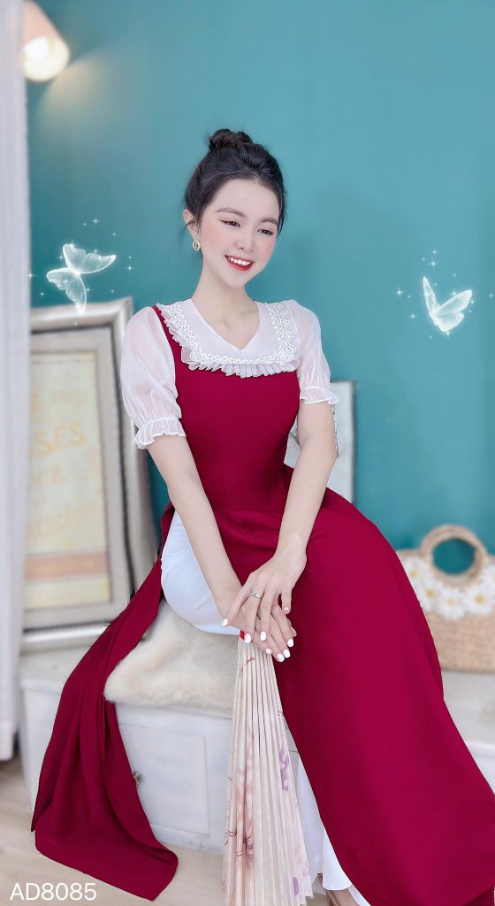 Áo Dài Pha tơ cổ V AD8085 (áo lẻ)