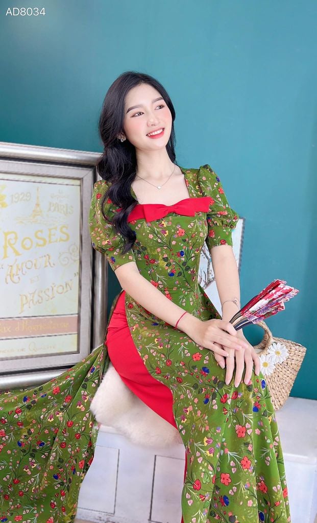 Áo Dài Hoa Vai Nơ Màu AD9034 (áo lẻ)