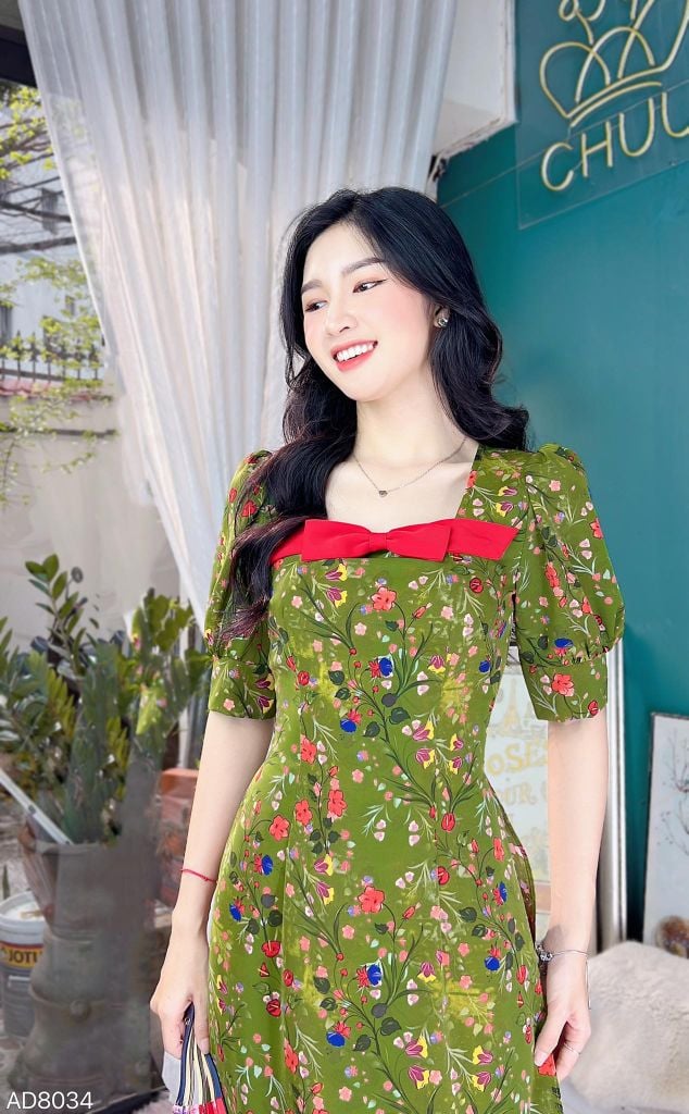 Áo Dài Hoa Vai Nơ Màu AD9034 (áo lẻ)