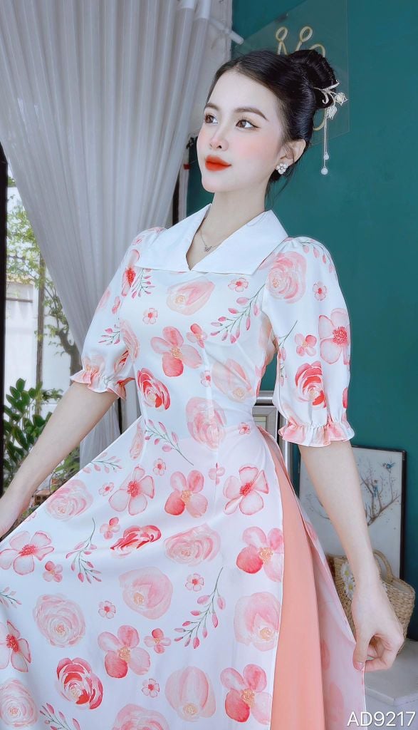 Áo Dài Hoa Cổ Trắng AD9213 (áo lẻ)