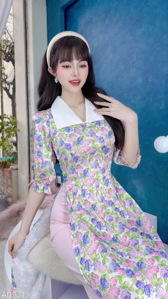 Áo Dài Hoa Cổ Trắng AD9213 (áo lẻ)