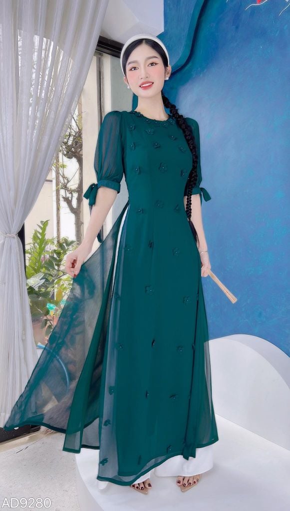 Áo Dài 4 Tà Hoa Mai Bay 3D AD9280 (áo lẻ)