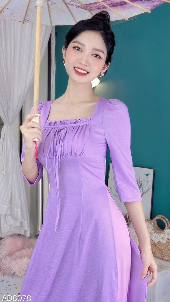 Áo Dài Cổ Vuông Bèo Nhún AD9001.8078 (áo lẻ)