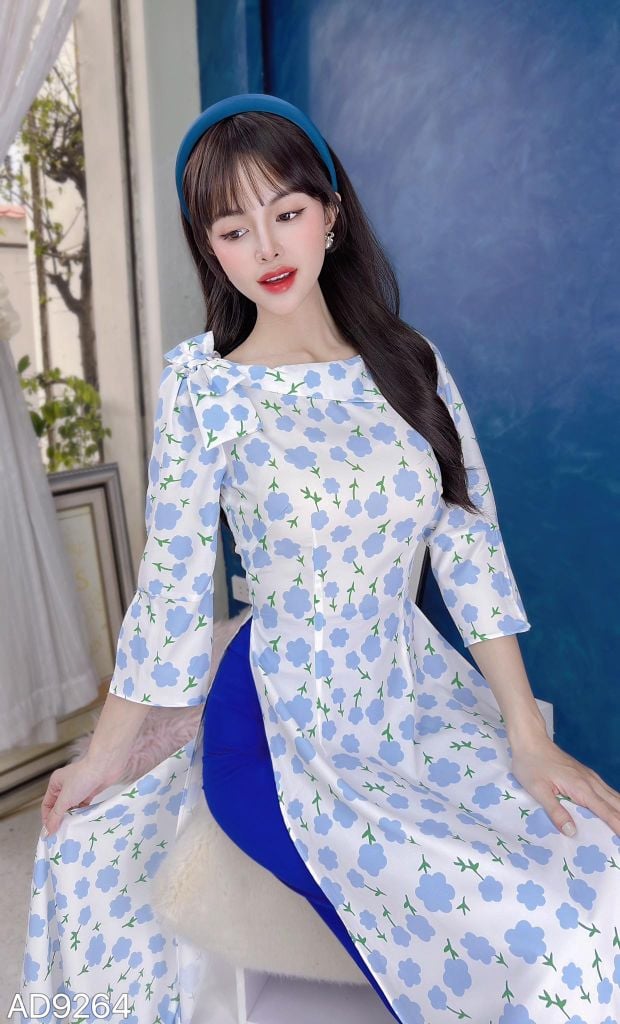 Áo Dài Hoa Nơ Vai Tay Xẻ AD9264 (áo lẻ)