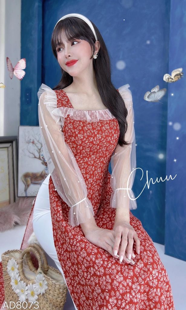 Áo Dài Vải Tăm Tay Lưới AD8073 (áo lẻ)