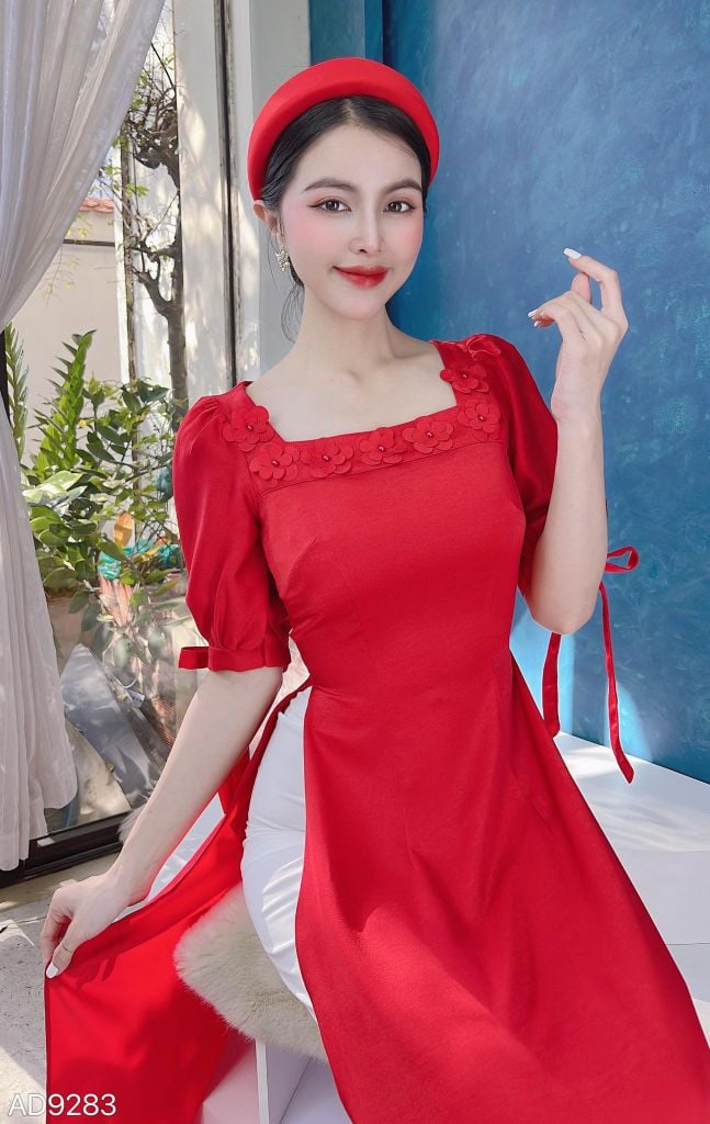 Áo Dài Cổ Vuông Bông Mai AD9001.9283 (áo lẻ)