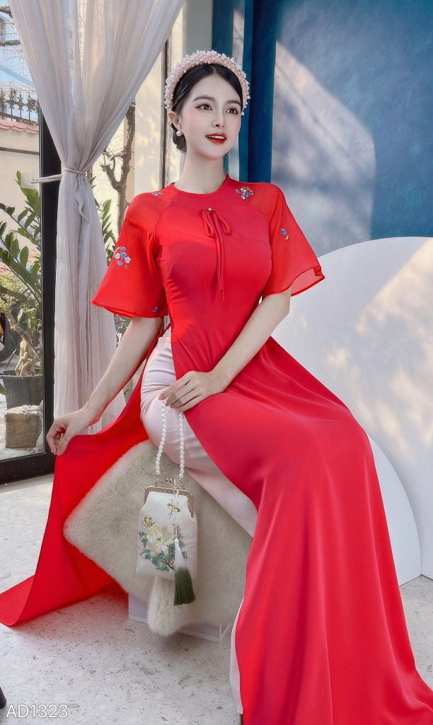 Áo Dài Tay Thêu Hoa Mai AD1323 (áo lẻ)