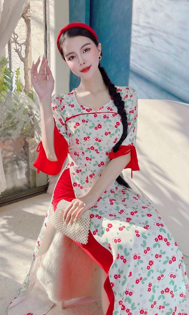 Áo Dài Hoa Mào Gà AD9259 (áo lẻ)