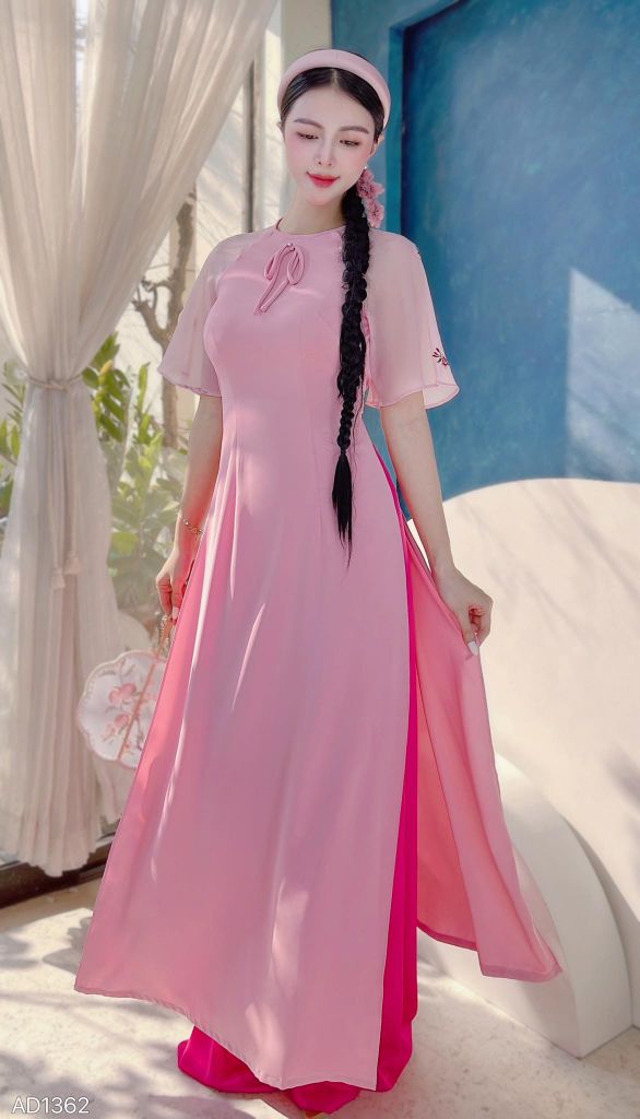 Áo Dài Nơ Tay Thêu Đào AD1362 (áo lẻ)