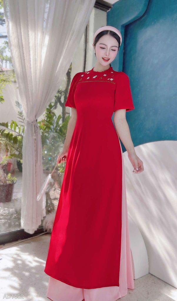 Áo Dài Thêu Nhụy Hồng AD1452 (áo lẻ)