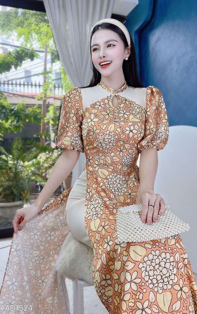 Áo Dài Tú Cầu Giọt Nước AD1524 (áo lẻ)