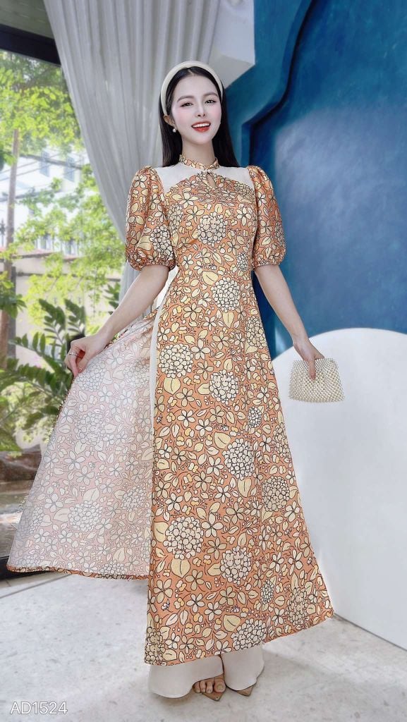 Áo Dài Tú Cầu Giọt Nước AD1524 (áo lẻ)