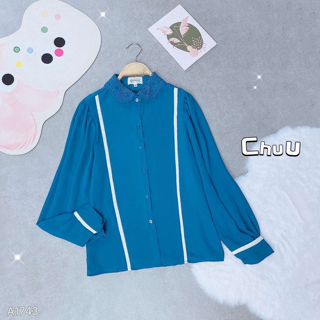 Áo Sơ Mi Line Đen Cổ Ren A1743