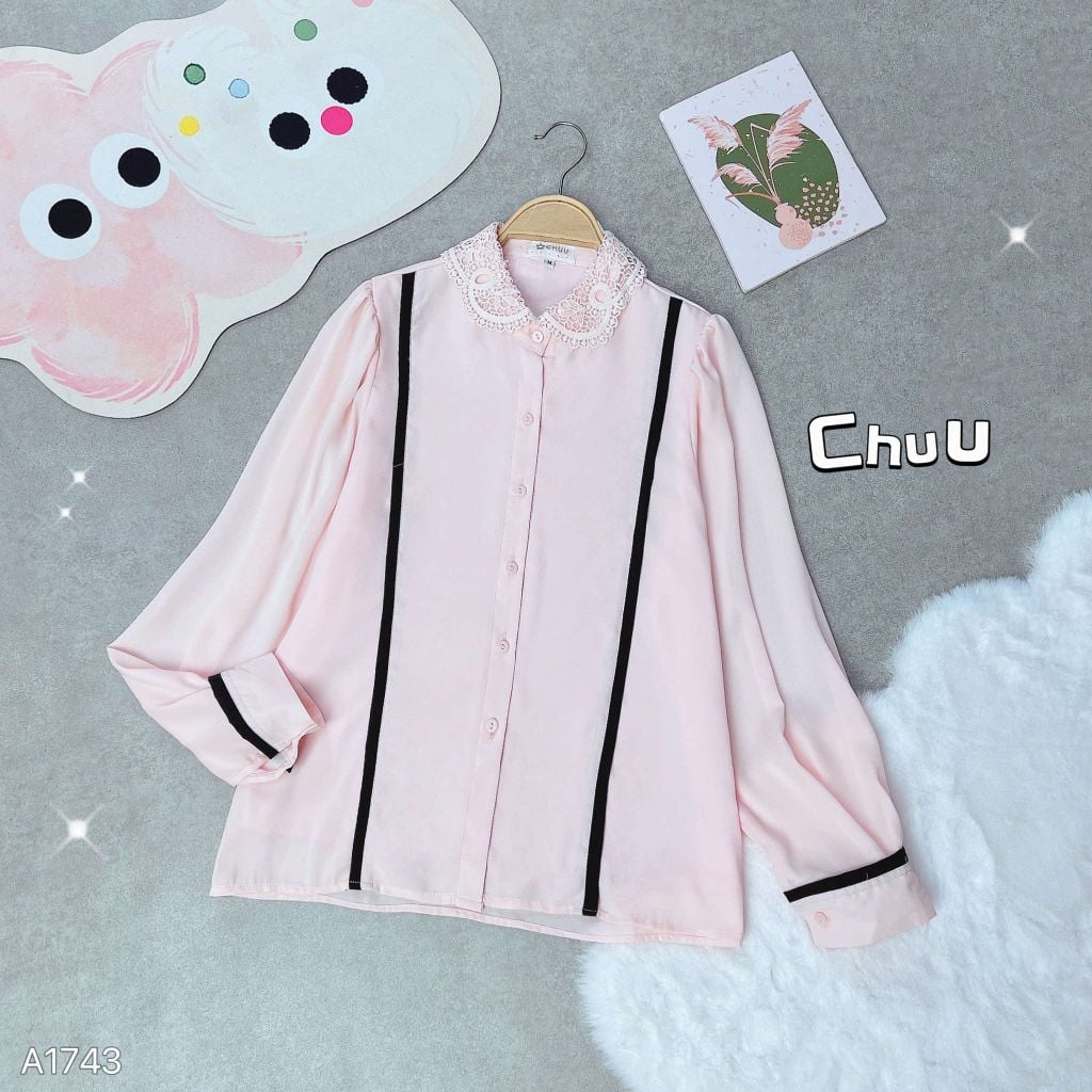 Áo Sơ Mi Line Đen Cổ Ren A1743