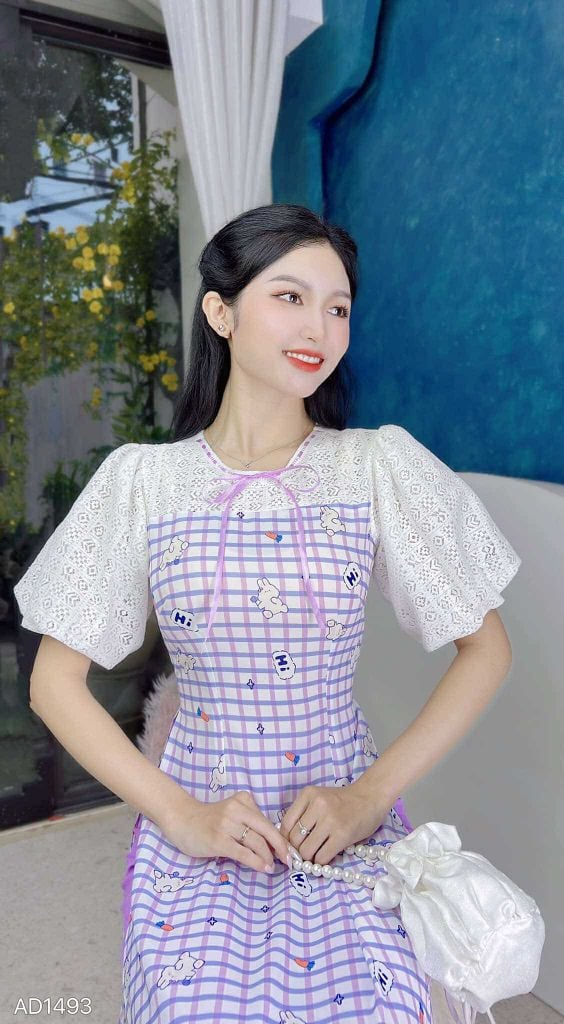 Áo Dài Ren Bồng Ô Vuông AD1493 (áo lẻ)