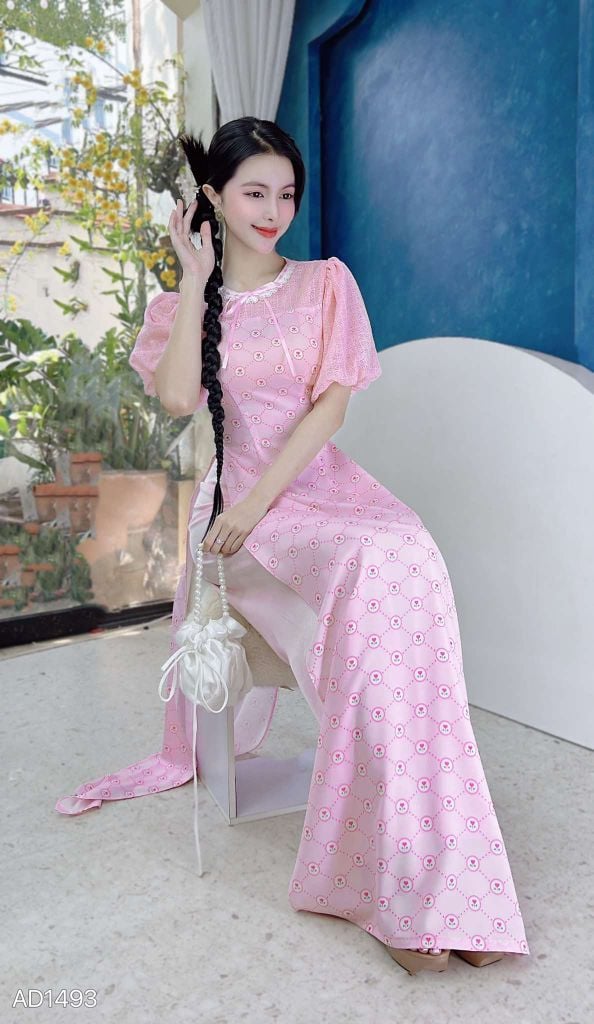 Áo Dài Ren Bồng Ô Vuông AD1493 (áo lẻ)