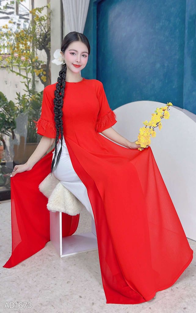Áo Dài 4 Tà Lụa Tăm Tay Lông Vũ AD9003.1673 (áo lẻ)