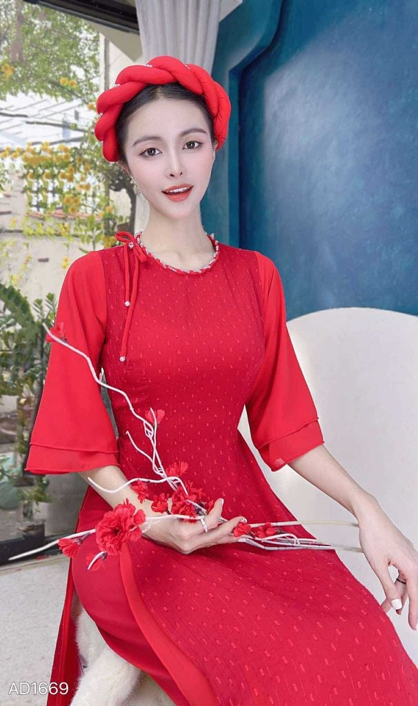 Áo Dài 4 Tà Tuyết Đỏ Cổ Xoắn AD9003.1669 (áo lẻ)