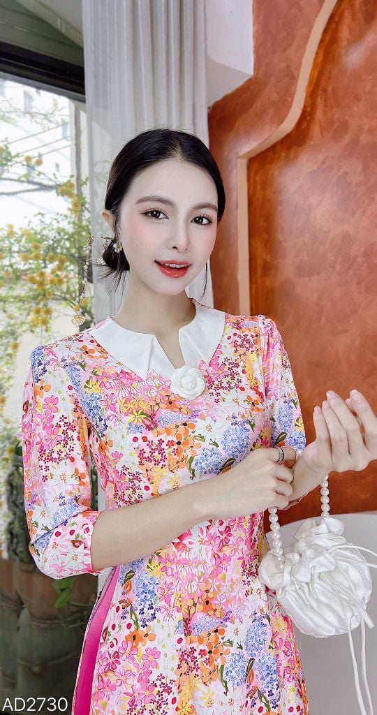 Áo Dài Hoa Trà Trắng (PK) AD2730 (áo lẻ)