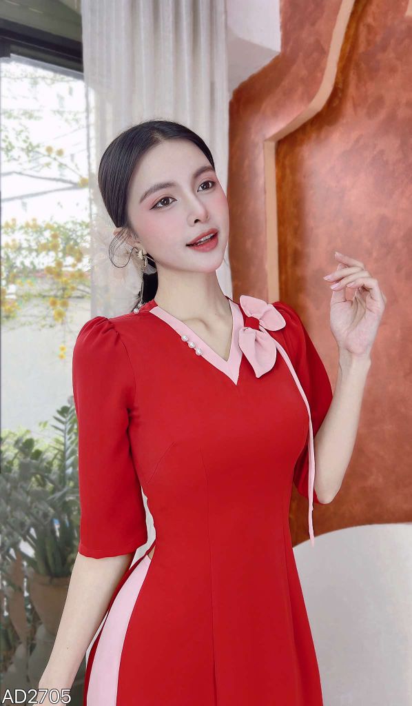 Áo Dài Cánh Hoa Cổ V AD2705 (áo lẻ)