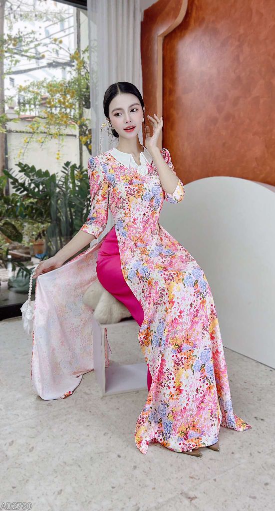Áo Dài Hoa Trà Trắng (PK) AD2730 (áo lẻ)
