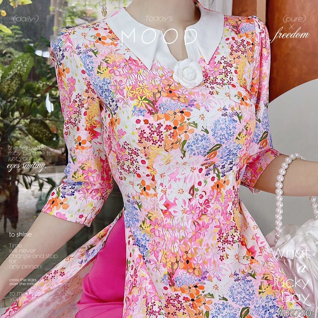 Áo Dài Hoa Trà Trắng (PK) AD2730 (áo lẻ)