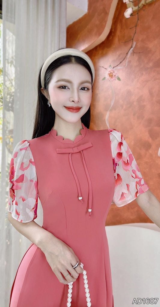 Áo Dài Bánh Dày Tay Hoa AD1687 (áo lẻ)
