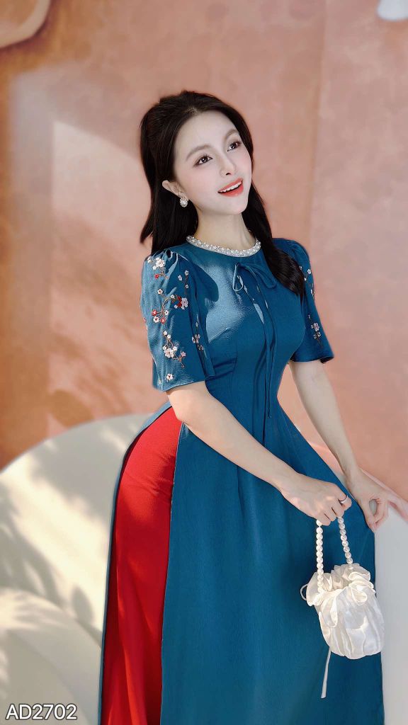 Áo Dài Cổ Cườm Mai Xanh AD9001.2702 (áo lẻ)