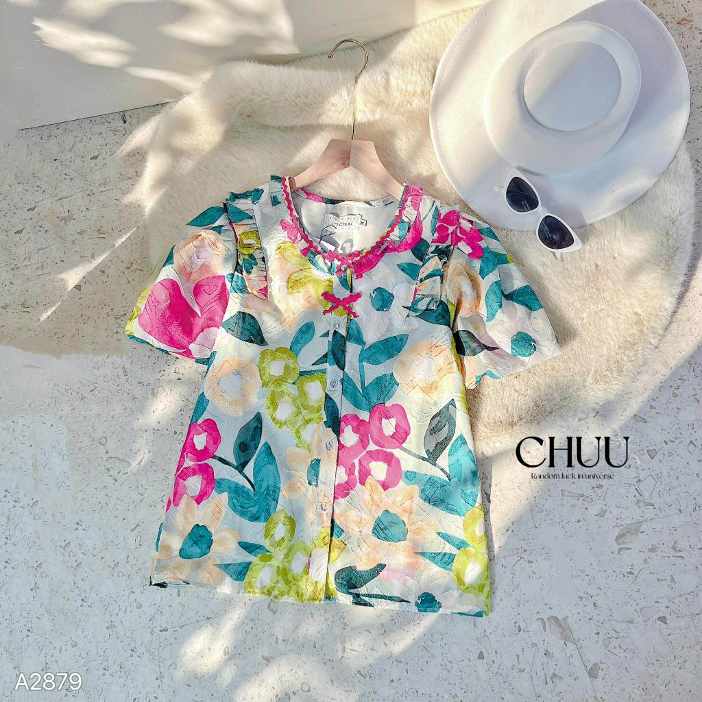 Áo Sơ Mi Hoa Ép Nơ Sóng A2879