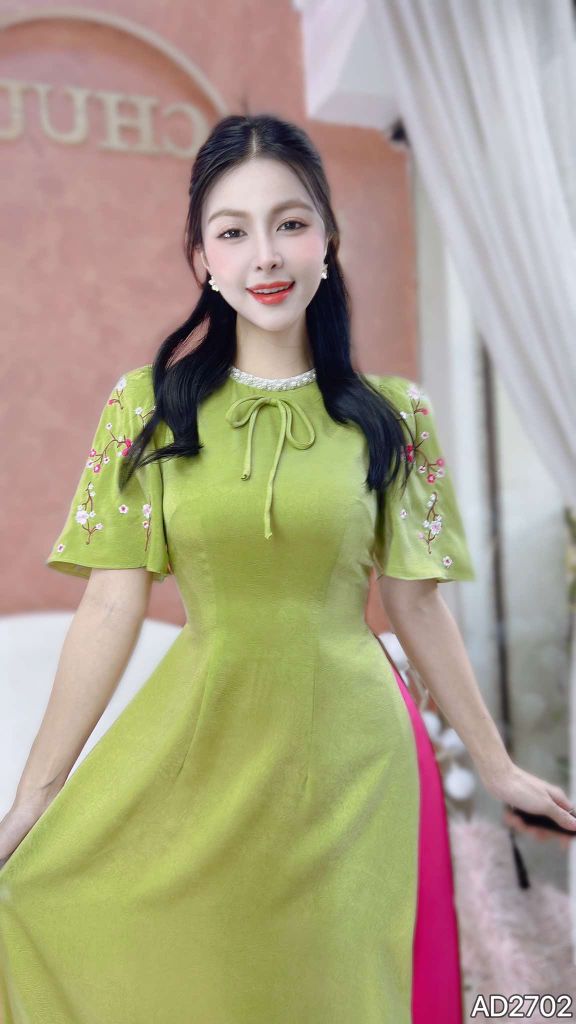 Áo Dài Cổ Cườm Mai Xanh AD9001.2702 (áo lẻ)
