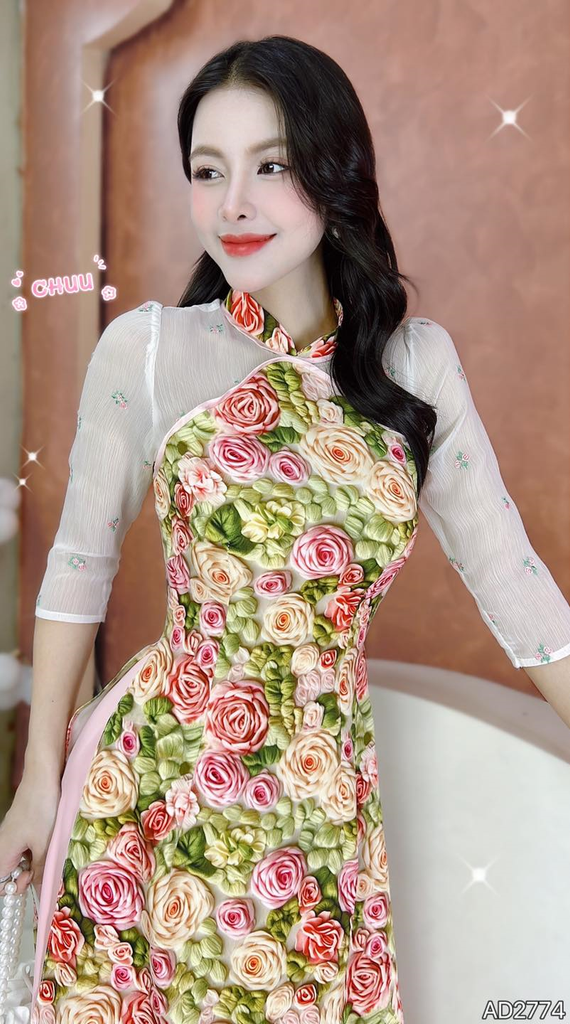 Áo Dài Hoa Ren In Rose+DT AD2774 (áo lẻ)