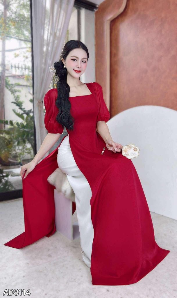 Áo Dài Cổ Vuông Tay Bồng Tơ AD8114 (áo lẻ)