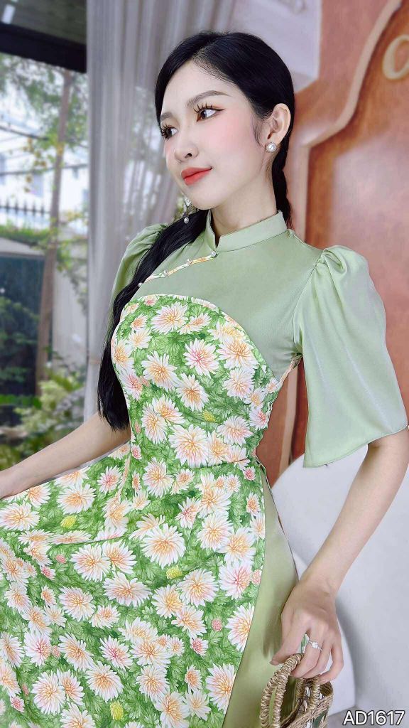 Áo Dài Pha Hoa Nhung AD1617 (áo lẻ)