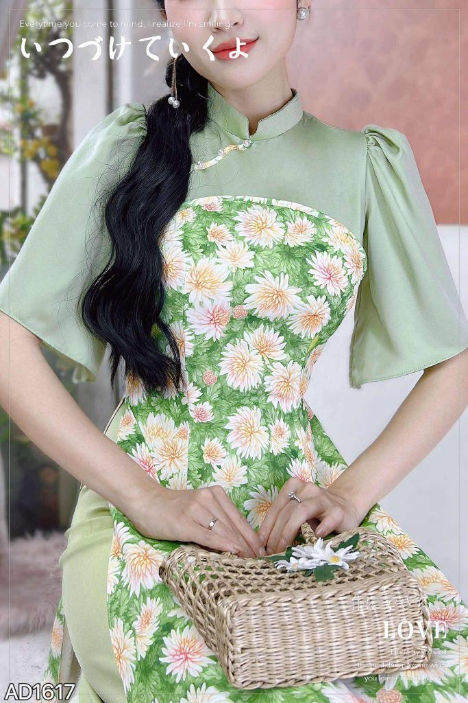 Áo Dài Pha Hoa Nhung AD1617 (áo lẻ)