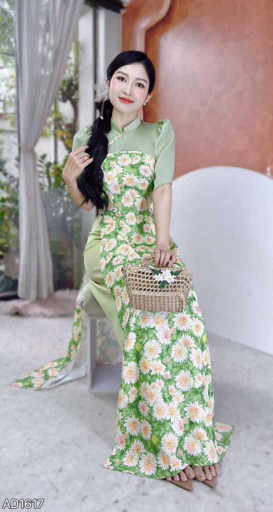 Áo Dài Pha Hoa Nhung AD1617 (áo lẻ)