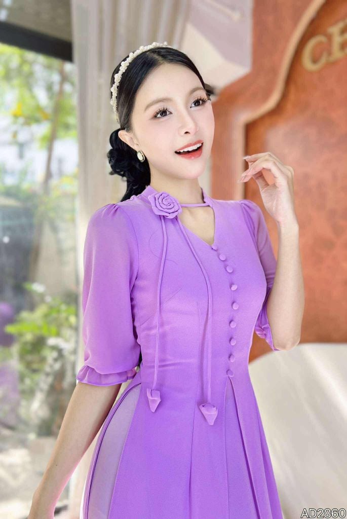 Áo Dài 4 Tà Hoa Hồng Xoay+PK AD9003.2860 (áo lẻ)