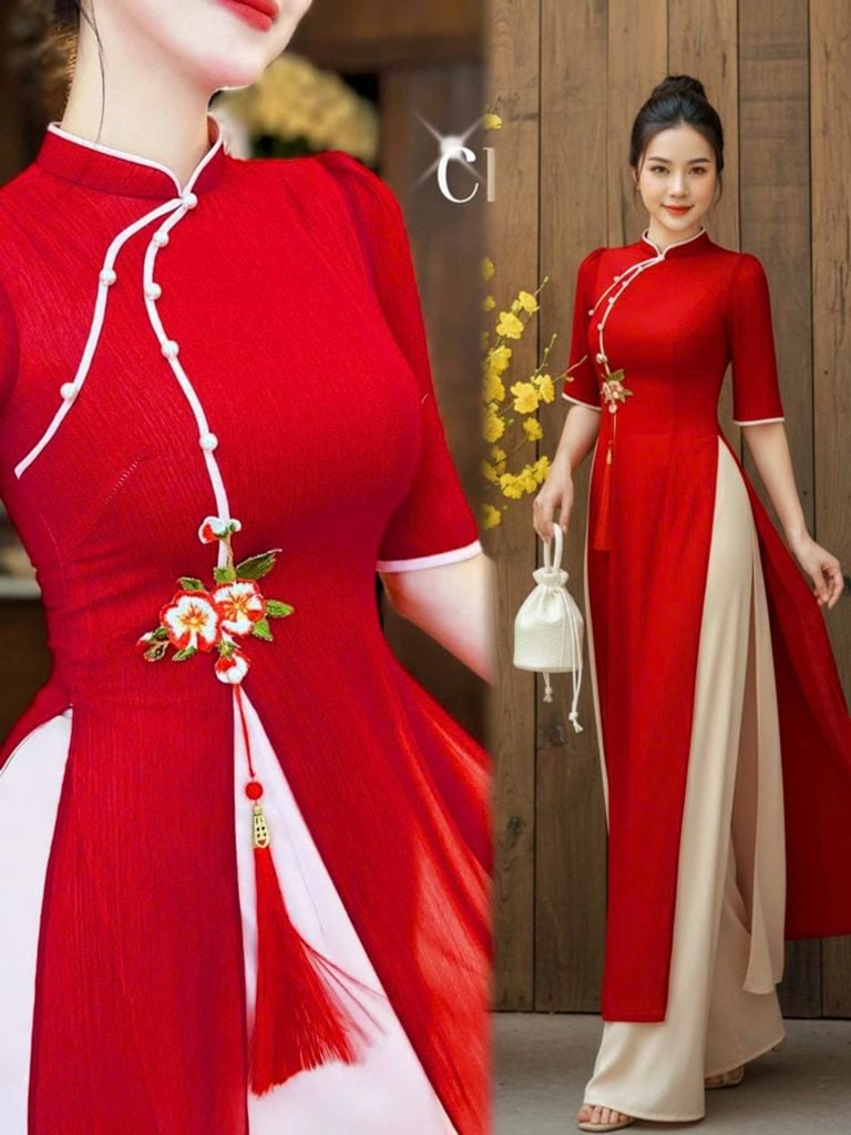 Áo Dài 4 Tà CÀNH LỘC XUÂN Kèm Phụ Kiện AD2995 (Áo lẻ)