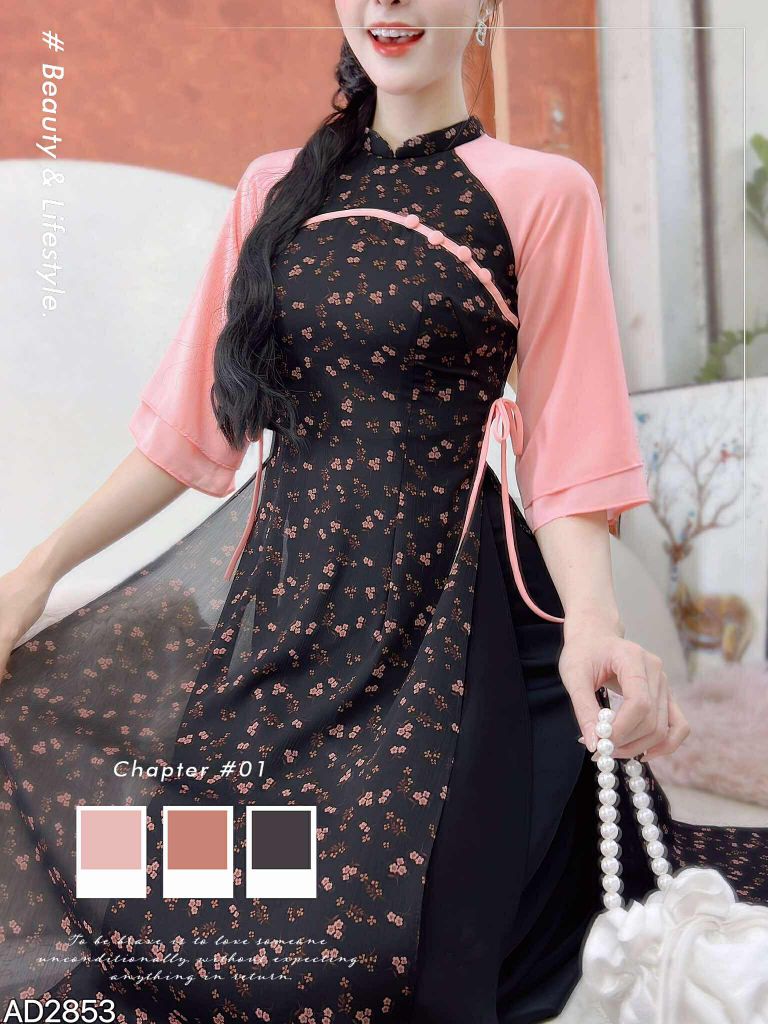 Áo Dài 4 Tà Nơ Trên Hoa AD9003.2853 (áo lẻ)