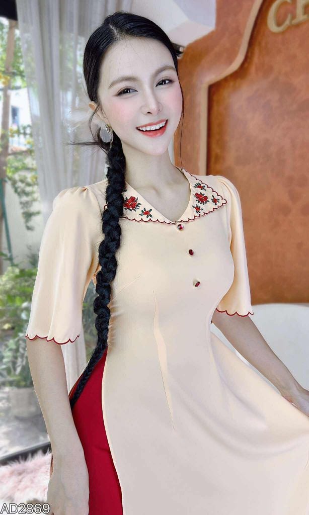 Áo Dài Bông Bụt Đỏ AD9001.2869 (áo lẻ)