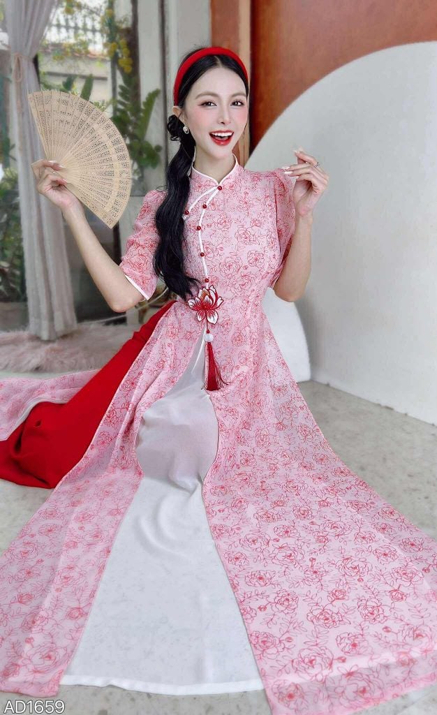 Áo Dài 4 Tà Sen Thêu 3D (PK) AD1659 (Áo lẻ)