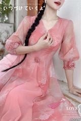 Áo Dài 4 Tà Hoa Hồng Chun+PK AD9003.2897 (áo lẻ)