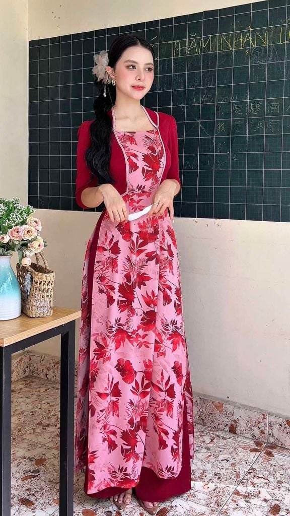 Áo Dài Giả Khoác Tà Hoa AD9002.2896 (áo lẻ)