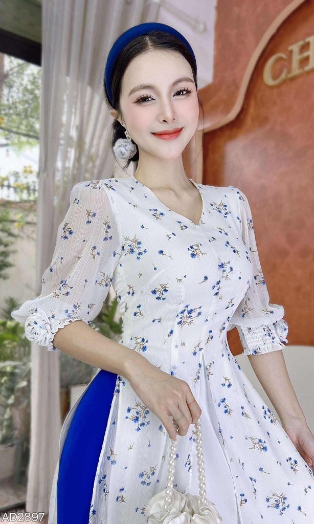 Áo Dài 4 Tà Hoa Hồng Chun+PK AD9003.2897 (áo lẻ)
