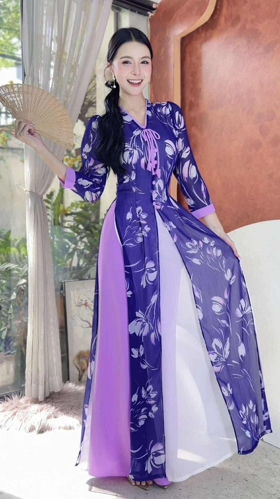 Áo Dài 4 Tà Tơ Vàng Lá Ngọc+PK AD9003.2843 (áo lẻ)