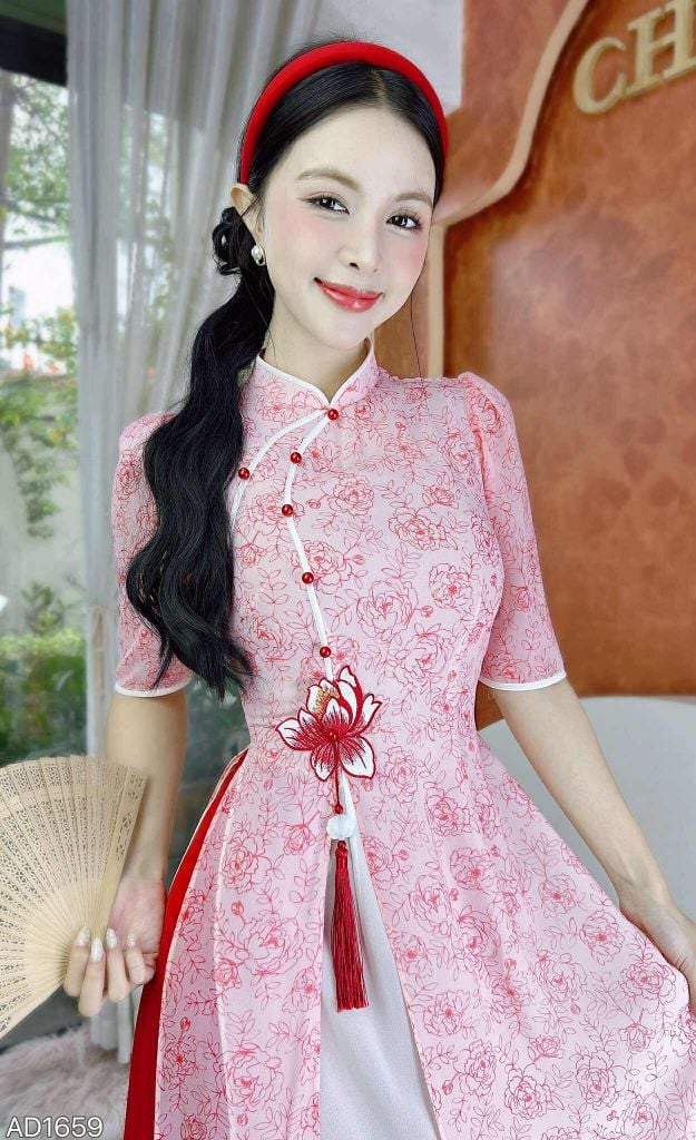Áo Dài 4 Tà Sen Thêu 3D (PK) AD1659 (Áo lẻ)