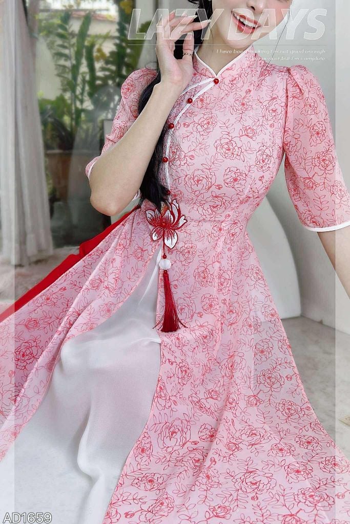 Áo Dài 4 Tà Sen Thêu 3D (PK) AD1659 (Áo lẻ)