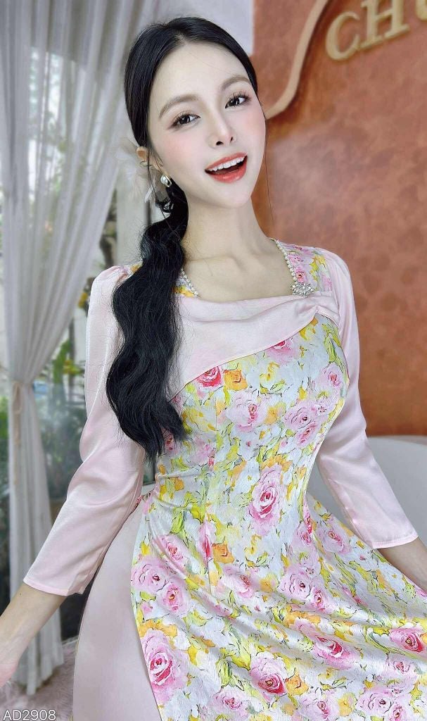 Áo Dài Trà Hoa Châu+PK AD2908 (áo lẻ)