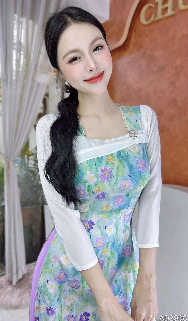 Áo Dài Trà Hoa Châu+PK AD2908 (áo lẻ)