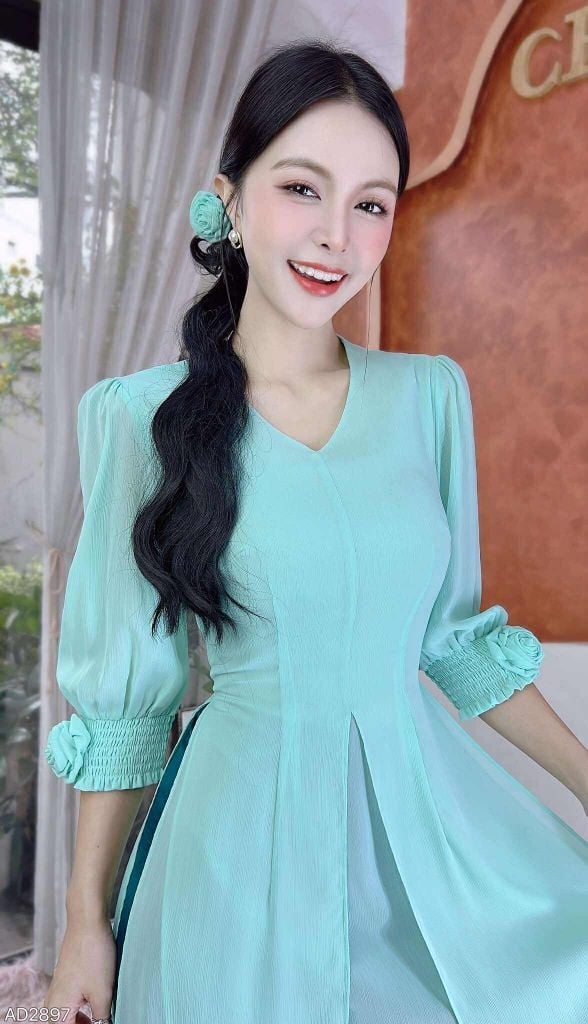 Áo Dài 4 Tà Hoa Hồng Chun+PK AD9003.2897 (áo lẻ)