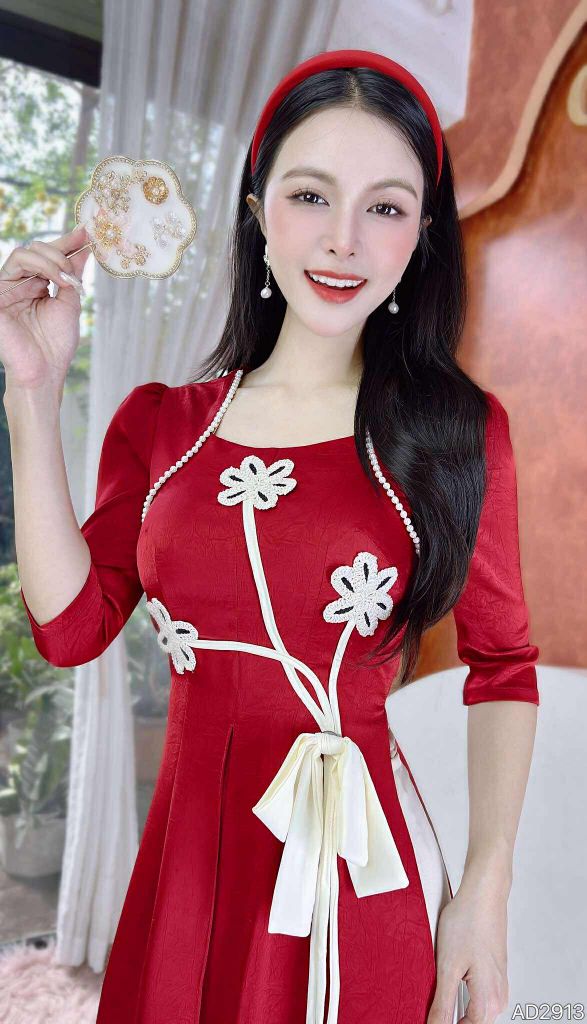 Áo Dài 3 Tà Nơ Hoa Đán+PK AD2913 (áo lẻ)
